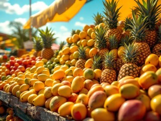Bountiful harvest of fresh tropical fruits at a vibrant market in the sunlit outdoors
