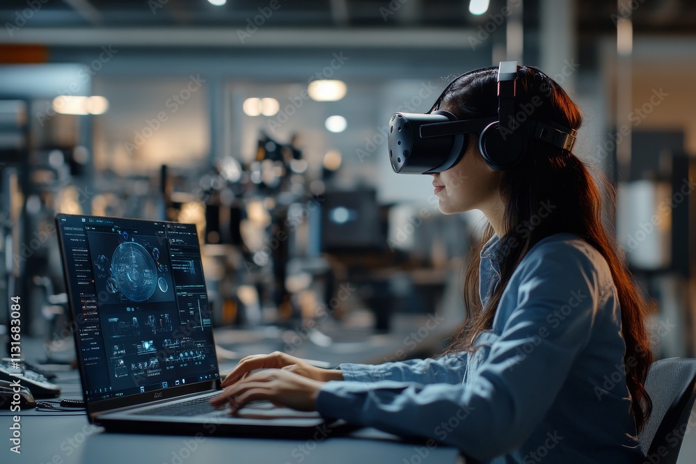 Poster a woman in a technological lab wearing a vr headset works on a computer with futuristic interfaces, 