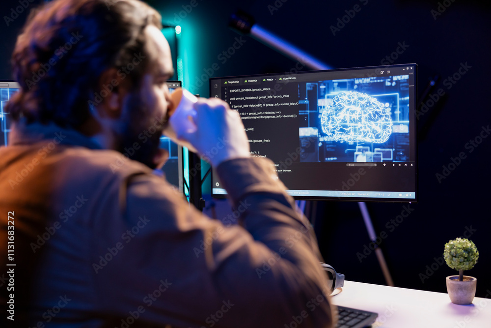 Poster programmer drinking coffee and doing maintenance on artificial intelligence neural networks computer