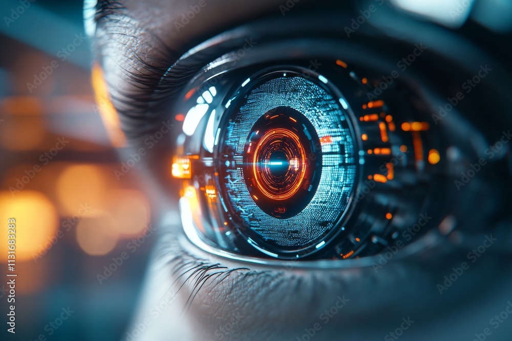 Poster a close-up of an eye with intricate digital technology elements, symbolizing the fusion of human and