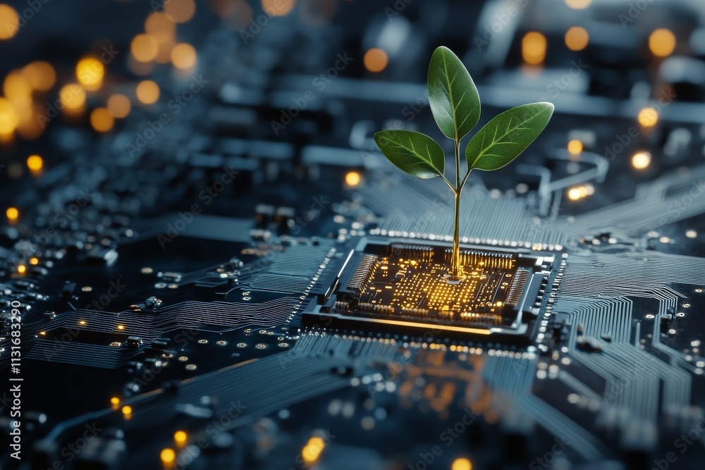 Poster a green plant sprout grows from a computer circuit, depicting the integration of nature with technol