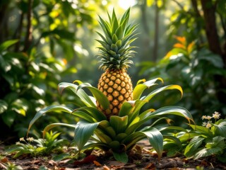 Pineapple growing in a lush tropical garden during golden hour, showcasing vibrant greens and the sweet promise of summer