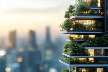 Obraz premium A contemporary building stands with lush greenery on balconies, symbolizing the integration of nature in urban architecture, against a blurred city skyline.
