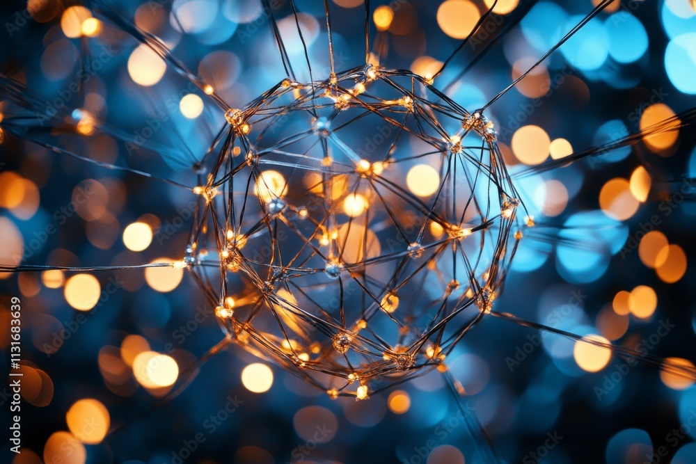 Poster an abstract wire structure glows with vivid lights, surrounded by a mesmerizing bokeh effect, creati