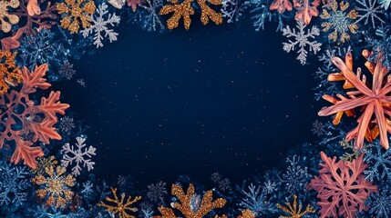 A bold navy festive design with vibrant snowflakes and shimmering gold sequins clustered at the edges, with an empty center realistic