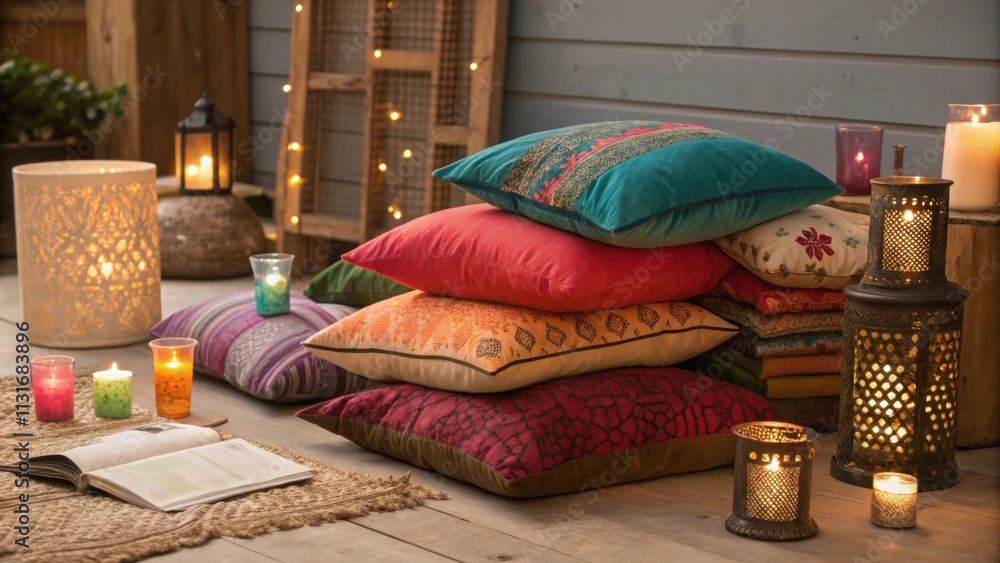 Poster an intimate area filled with an assortment of vibrant pillows piled high to create a relaxed retreat