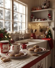Obraz premium A charming kitchen with freshly baked cookies on a plate, a steaming mug of hot cocoa, and Christmas decorations on the countertops realistic