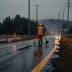 Road workers men in hard hats repair the asphalt road