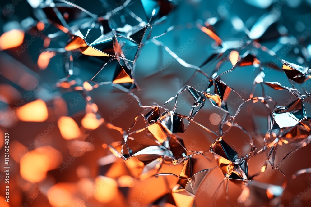 Poster intricate abstract geometric structures with reflective surfaces in a blend of warm orange and cool 