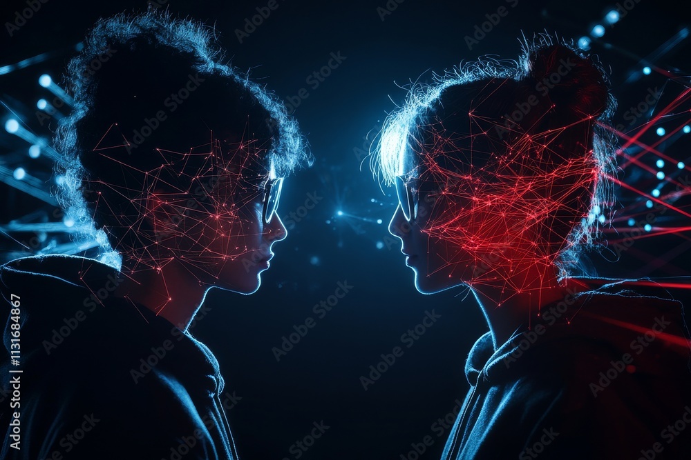 Poster two facing digital profiles with vectors and network lines representing connection, data exchange, a