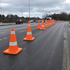 Repair of the asphalt road with fences and orange cones. Road works.