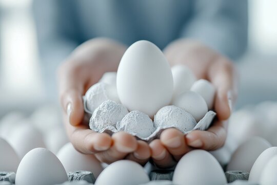 A focused representation of hands holding white eggs in a carton, representing freshness, nourishment, purity, and care with an emphasis on organic farming.