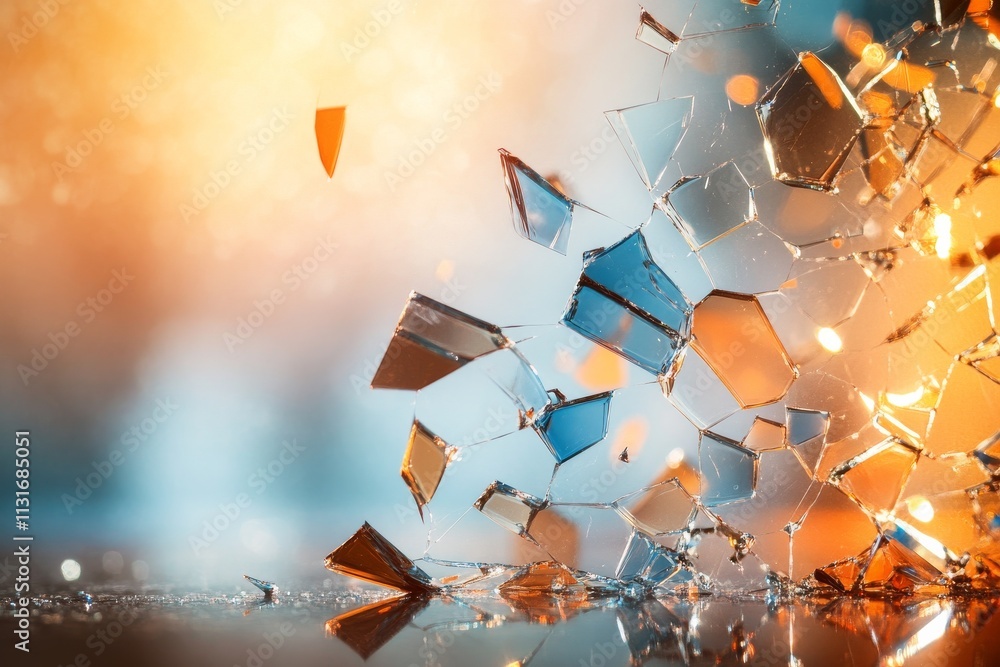 Poster glass fragments explode dynamically against a colorful abstract background, representing chaos, tran