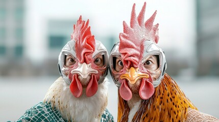 At a modern event, individuals were seen wearing intricate futuristic outfits alongside elaborate chicken masks