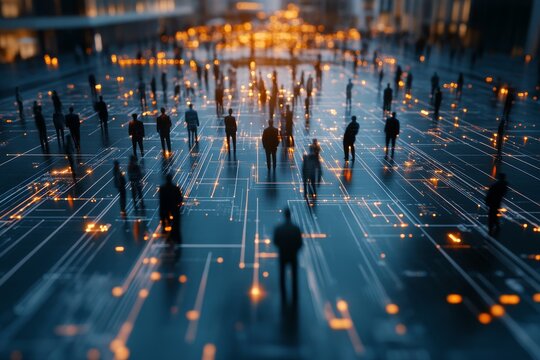 A digital representation of people as silhouettes on a glowing network grid, illustrating the concept of connectivity and collective workforce in a digital world.
