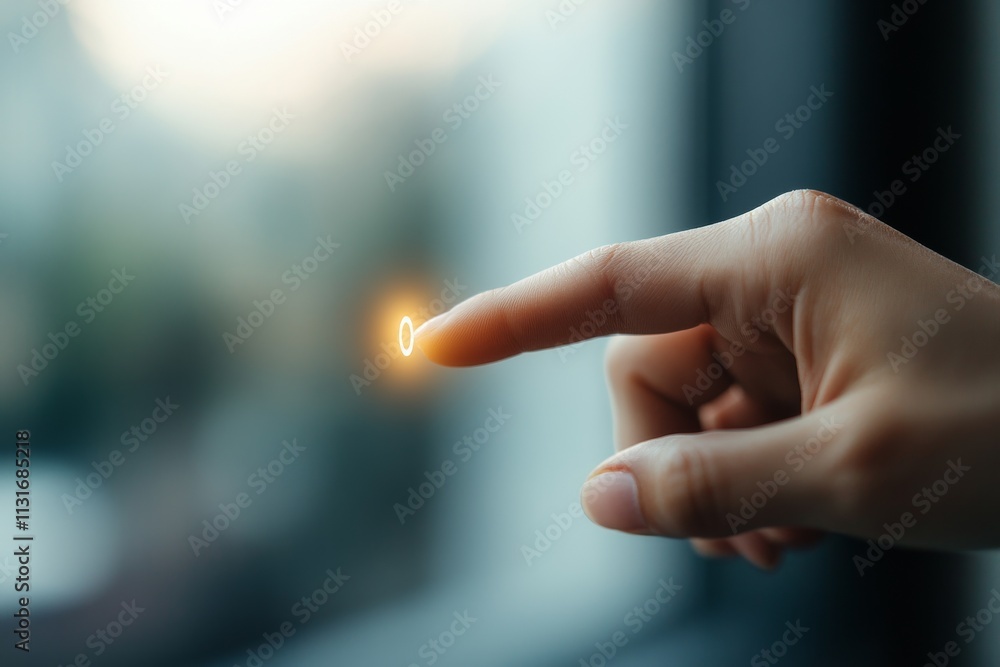 Poster a close-up image of a hand with an outstretched finger touching a glowing light on a reflective surf