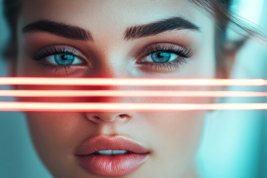 A striking close-up image of a woman's face with blue eyes, and neon red lines crossing horizontally, creating a futuristic and vibrant atmosphere.