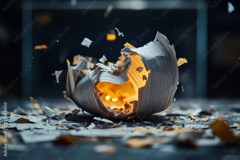 Poster a dynamic scene capturing shreds of paper in air with a fiery glow within, symbolizing chaos and fra