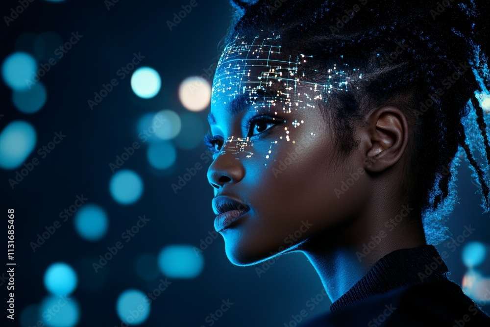 Poster A side view of a woman with a digital holographic overlay on her face conveys futuristic concepts of augmented reality and data interfacing with human identity.