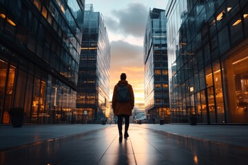 In a modern city landscape, an individual walks alone down a wide street lined with tall glass skyscrapers, portraying urban solitude at dawn or dusk.