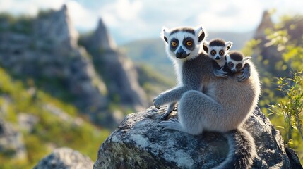 Ring-tailed Lemur Family on Rocky Mountaintop