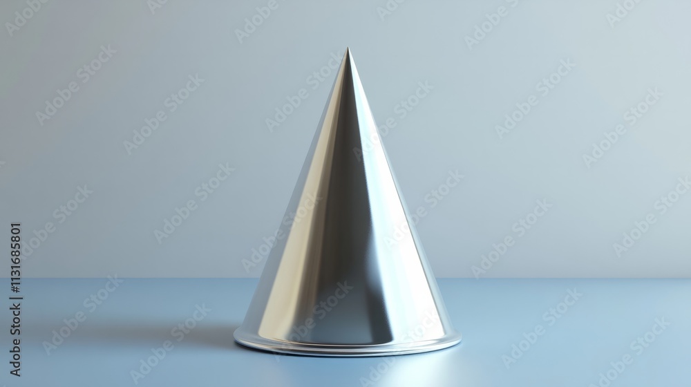 Poster a clean 3d rendering of a single elegant silver cone hat with sparkling edges on a minimalistic smoo