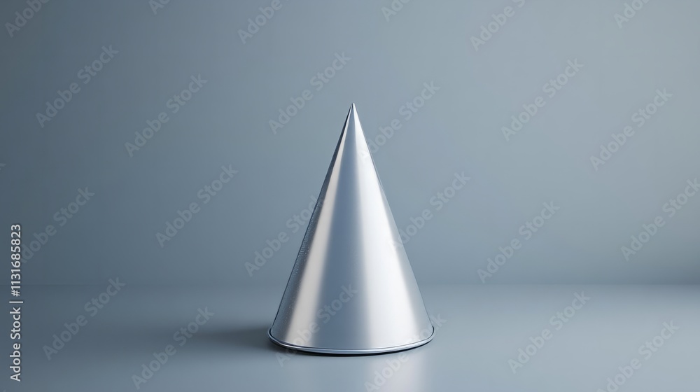 Poster a clean 3d rendering of a single elegant silver cone hat with sparkling edges on a minimalistic smoo