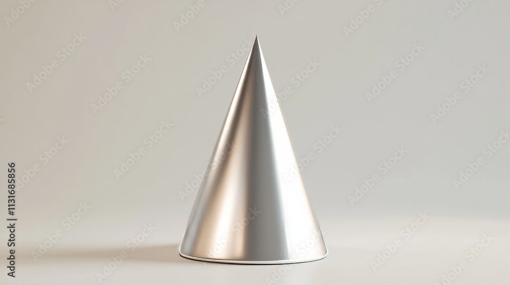 Poster a clean 3d rendering of a single elegant silver cone hat with sparkling edges on a minimalistic smoo