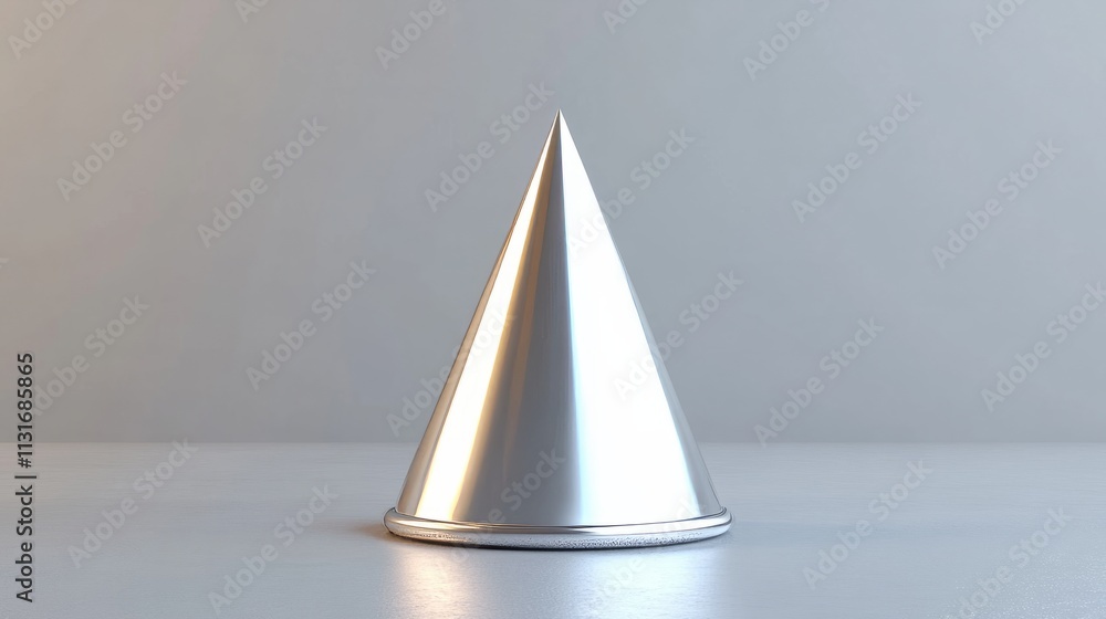 Poster a clean 3d rendering of a single elegant silver cone hat with sparkling edges on a minimalistic smoo