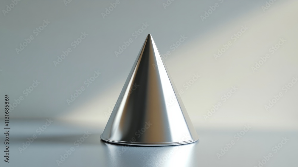 Poster a clean 3d rendering of a single elegant silver cone hat with sparkling edges on a minimalistic smoo