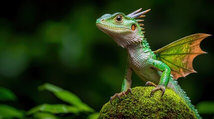 Fototapeta premium The majestic forest dragon, with wings outstretched, perches gracefully on a moss covered stone amidst a lush green woodland setting