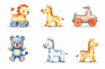 Fototapeta premium cute colorful watercolor clipart toys on white background