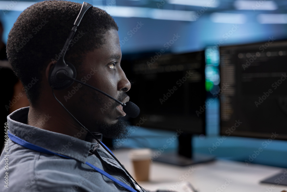 Poster it support worker in data center talking in headphones mic, doing yearly checkup to avoid equipment 