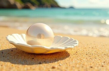 Obraz premium A glowing large white pearl on a beautiful cream shell close-up lies on yellow sand on a tropical beach, copy space