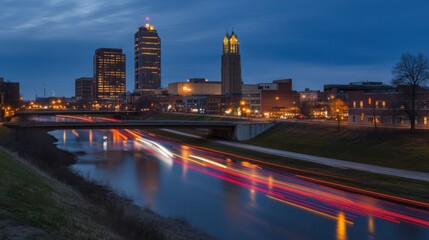 Fototapeta premium Scenic Urban Landscape at Twilight Featuring River Reflections and City Lights Captured During the Blue Hour