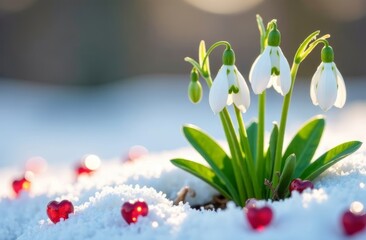 Valentine's Day card, snowdrops in the snow, small red hearts nearby, copy space