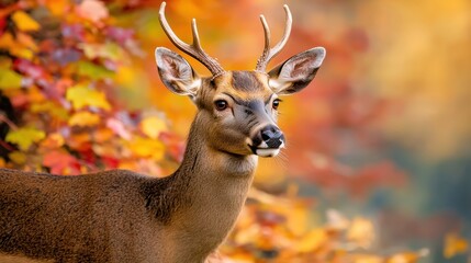 Fototapeta premium A majestic deer with sleek brown fur and elegant antlers stands amidst a backdrop of colorful autumn leaves in the forest, its gaze intense and focused, exuding an air of quiet seriousness.