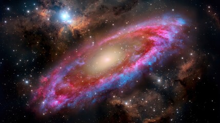 Obraz premium The colorful galaxy displays vibrant hues of red, purple, and blue surrounding a mesmerizing nebula at its center, creating a breathtaking cosmic masterpiece.