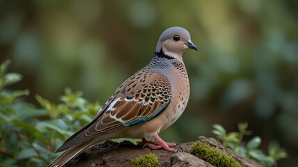 Fototapeta premium Close-up of a spotted dove perched on a mossy rock.