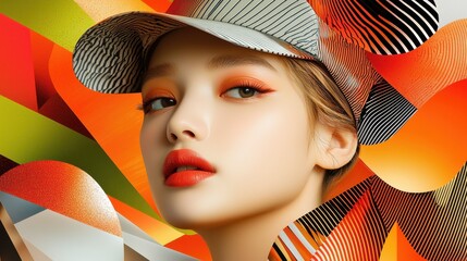 A visually stunning collage featuring a mixture of bold colors, geometric shapes, and intricate patterns inspired by KPOP fashion trends, creating a modern and stylish aesthetic.