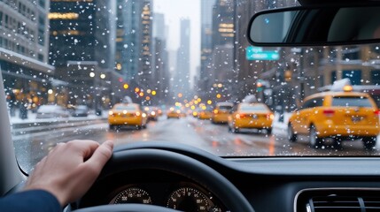 View from inside a car on a snowy city street, focusing on yellow taxis and sparkling snowflakes on...