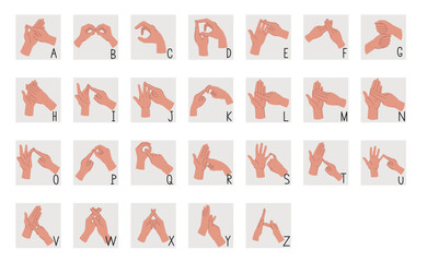 British sign language alphabet. Educational banner with hands showing various gestures denoting letters. People with hearing and speech impairments. Flat vector illustration © Aleksey