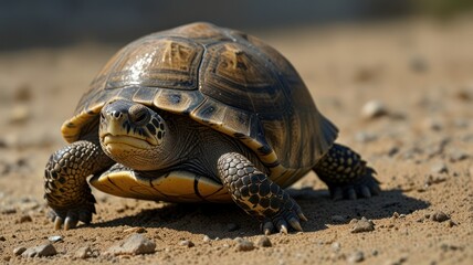 Obraz premium Close-up of a turtle walking on dry ground.