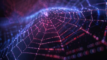 Obraz premium Complex network of interconnected glowing nodes forming a web like structure, symbolizing big data, cyberspace, and the interconnectedness of information in a futuristic digital landscape