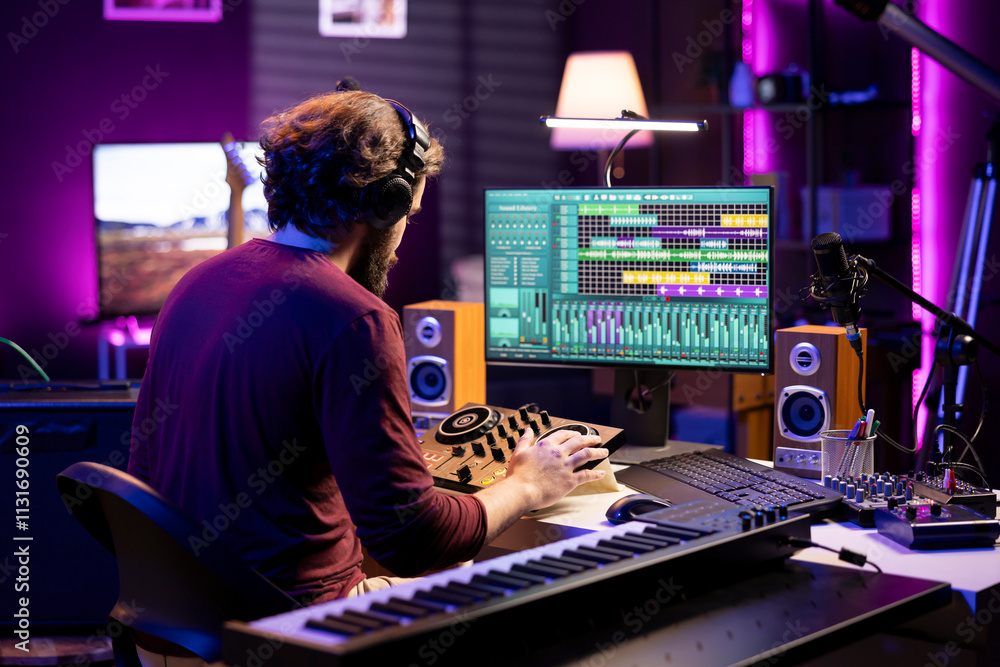 Poster Skilled producer mixing and mastering sounds on stereo console, adjusting volume levels by twisting pre amp knobs in home studio. Audio engineer working with professional post production gear.