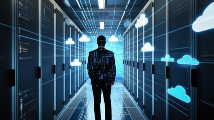 The Architect of the Cloud: A lone figure, silhouetted against a futuristic server room, stands at the heart of a digital network, symbolizing innovation, control. - Powered by Adobe