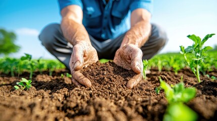A farmer's weathered hands cradle rich, dark soil as he kneels in his field, feeling the earth between his fingers with a look of reverence and purpose in his eyes