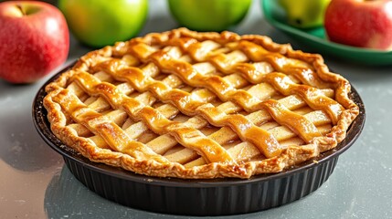 A flaky, buttery crust filled with thinly sliced apples perfectly spiced with cinnamon and sugar, topped with a golden brown lattice crust and a drizzle of sweet caramel sauce.