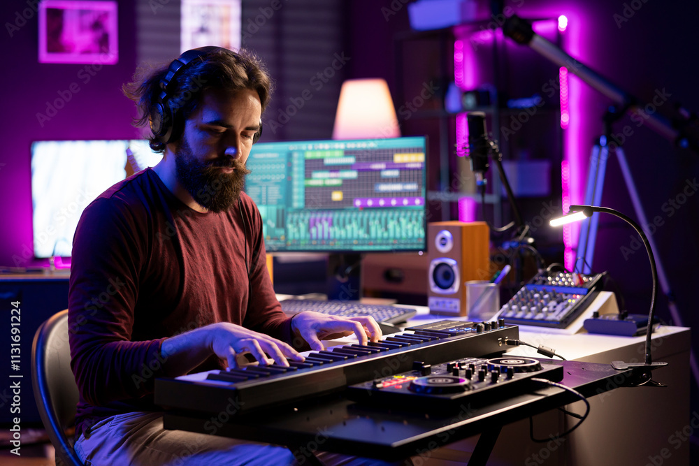 Poster Songwriter playing piano keyboard and recording tunes for mix and master session, using daw software on computer to create new songs. Sound producer composing music with midi controller.