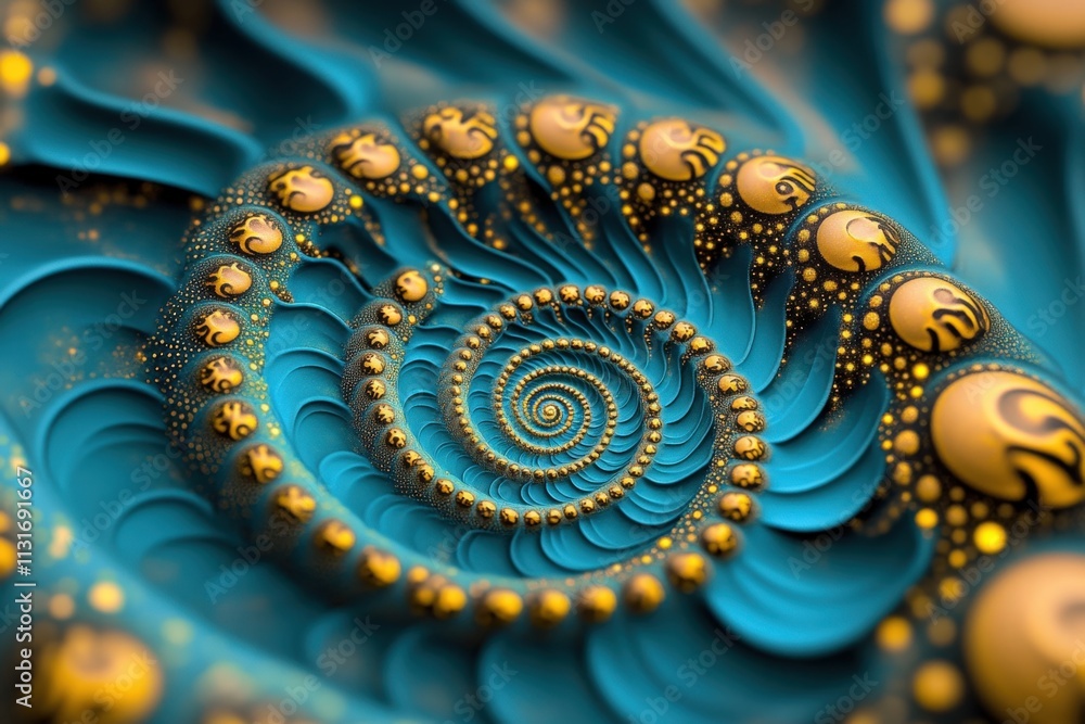 Poster abstract fractal spiral design in vibrant blue and gold tones, featuring intricate patterns and glow